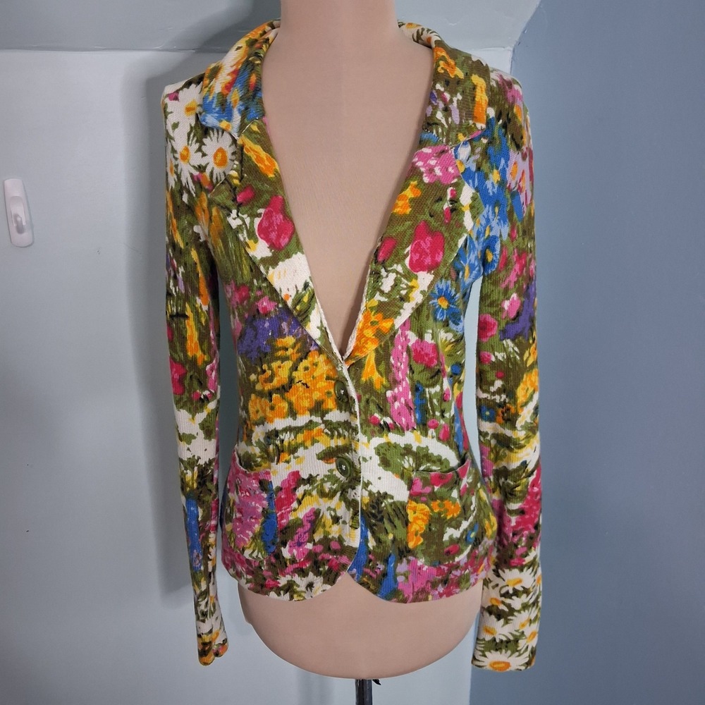 Anthropologie HWR Floral Knit Blazer Cardigan Sweater Small Multicolor Garden